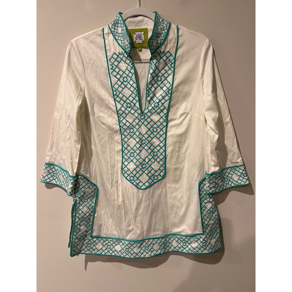 Elizabeth McKay White Teal Geometric Lattice Embroidered Cotton Tunic Top Size 4